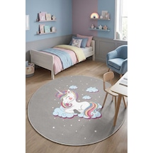 Frenda Home Unıcorn Pamuk Taban Dekoratif Baskılı Yuvarlak Çocuk Odası Halısı Gri