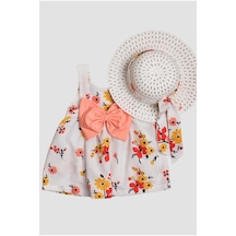Şapkalı Çiçek Desenli Fiyonklu Kız Bebek Elbisesi-somon