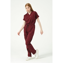 Bordo Likralı Scrubs Kargo Cep Doktor Hemşire Forması Yarasa Kol Takım Unisex