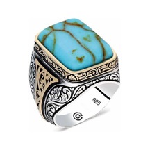 Gümüş Turkuaz Çizgi Geçişli Taşlı Kare Erkek Yüzük - 555895115