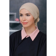 Hürrem Bone Bej Pratik Hazır Geçmeli Tesettür Bone Sandy Kumaş Pileli Nervürl Bej