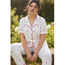 Siyah İnci Bürümcük-krınkıl Büyük Beden Battal Düğmeli Biyeli Pijama Takım 26120825 Ekru Kalp