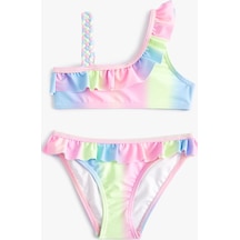 Koton Bikini Takımı Fırfırlı Tek Omuz İnce Askılı Pembe Desenli 4skg00002mm Pembe