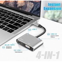 Kyrotech 4in1 Usb C Hdmı Vga Adaptörü, Usb C Hub, 4k Hdmı, 1080p Vga, Usb 3.0, Usb C Pd Şarj, Macbook Pro/air/ipad Pro 2018 / Dell Xps/samsung Uyumlu