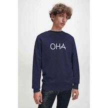 Oha Baskılı Indigo Mavi Lacivert Erkek Örme Sweatshirt