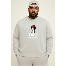 Benroma 3 İplik Penye Free Palestıne Baskılı Büyük Beden Unisex Sweatshırt Gri