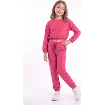 Fyk Kids Kız Çocuk Yuvarlak Yakalı Cep Biye Detaylı Düz Baskısız Paça Lastikli Alt Üst Eşofman Takımı Fuşya