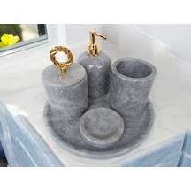 Gri Mermer Klasik Model 5 Parça Gold Renk Halka Aksesuarlı Banyo Seti Gri