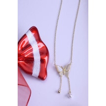 Innuendo Jewelry 925 Ayar Gümüş Sedefi İncili Taşlı Kelebek Kolye Altın