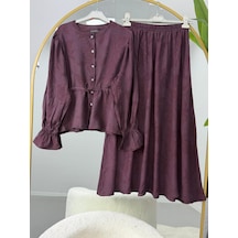 Lovie Moda Kolları Büzgülü Belden Bağlamalı Tesettür Etekli Takım Mor