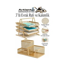 Altın Sarı Metal Evrak Rafı 3 Lü Ve Masaüstü Kalemlik 1 Paket Masaüstü A4 Dosya 3 Katlı Düzenleyici Kağıt Tepsisi Metal Altın