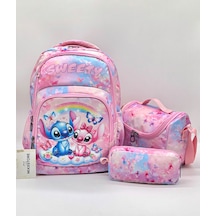 Stitch Desen Termal Beslenmelikli Ve Kalemlikli Suya Dayanıklı Kumaş Sırt İlkokul Çantası / 3900 Pembe