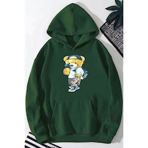 Medinenur Peluş Ayı Baskılı Kapüşonlu Sweatshirt Yeşil