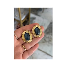 Vintage Model Gold Çerçeveli Lacivert Küpe Altın