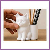 Bezos 3d Baskı Kedi Figürlü Kalemlik - Masaüstü Organizer - Beyaz Rengaren