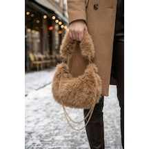 Vivazzaluxe Vintage Peluş Kürk Model Sonbahar, Kış Tote Bag Kadın El, Omuz, Çapraz Çanta Bej