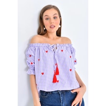 Park Karon Lila Pötikare Yakası Fırfırlı Oversize Dokuma Bluz LILA
