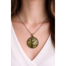 Hayat Ağacı Desenli Yuvarlak Kolye Gümüş Zincir 60 Cm Unisex Metal Çok renkli