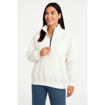 Üç İplik Dık Yaka Yarım Fermuarlı Sweatshirt - Beyaz -vlmr Beyaz