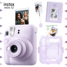 Fujifilm Instax Mini 12 Fotoğraf Makinesi + 10'lu Film + Kıskaçlı Stand + Pvc Albüm + Simli Pleksi Kılıf Seti Lila