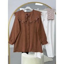 Lovie Moda Yakası Dantel Detaylı Pantolonlu Takım Kahve-beyaz