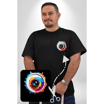 Angemiel Fotoğraf Makinesi Camera Lens Siyah Büyük Beden Kadın Basic Minimal Baskılı Tişört Siyah