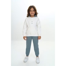 Toontoy Kids Toontoy Kız Çocuk 2'li Takım Baskılı Kapüşonlu Cepli Sweatshirt & Beli Paçası Lastikli Jogger Eşofman Altı - Bant Detaylı & 3 İplik Şardonlu Mint