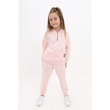 Toontoy Kids Toontoy Kız Çocuk 2'li Takım Baskılı Kolej Yaka Fermuarlı Cepli Sweatshirt & Beli Paçası Ribanalı Jogger Eşofman Altı - Nervürlü & 2 İplik Pudra