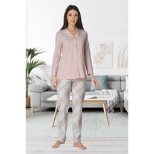 Effortt Ekose Desenli Önden Düğmeli Pudra Lohusa Pijama Takımı Pembe