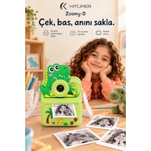 Kj/zm-002 Zoomy-d Dinozor Figürlü Anında Baskılı Çocuk Fotoğraf Makinesi, Çift Kamera, 2,4 İnç Ekran, 1080p Video, 3+ Yaş Yeşil
