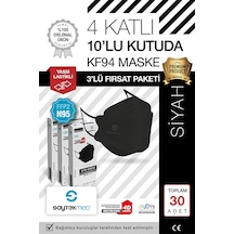 N95/FFP2 Kore Tipi 4 Katlı Siyah Maske, Tekli Poşet, Uv Steril (3 Kutu / 30 Adet)