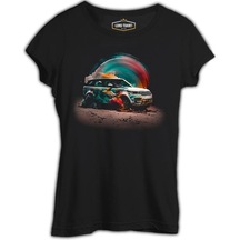 Offroad Car With Colorful Dust Background Siyah Kadın Tshirt 001
