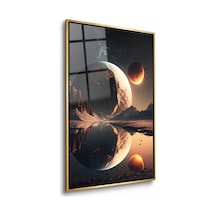 Gölde Yansıyan Dev Gezegenler Gold Çerçeveli Cam Tablo