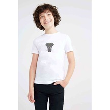 Line Art Elephant Baskılı Unisex Çocuk Beyaz T-Shirt