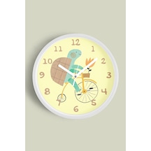 Bisiklet Süren Kaplumbağa Çocuk Odası Duvar Saati - 30cm - Önü Camlı Beyaz Kasa - Sessiz Mekanizma Beyaz