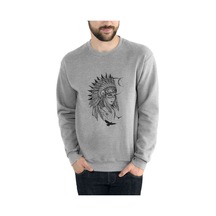 Kızılderili Kız Kuş Baskılı Gri Erkek Örme Sweatshirt