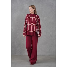 Park Karon Kadın Dik Yaka Desenli Oversize Kazak Pantolon Triko Alt-üst Takım Bordo