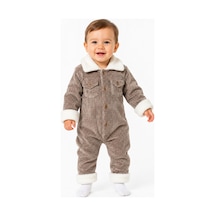 Chicsy Baby Tatlı Premium Çizgili Kadife İçi Peluşlu Welsoft Detaylı Düğmeli Cepli Erkek Bebek Tulum Kahverengi