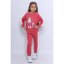 Kız Çocuk 3 İplik Eşofman Takımı Barbie Baskılı C22 Pembe