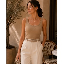 Unika Boutique Kadın Fittili Kalın Askılı Crop Atlet Vizon