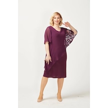 Moda Berray 4051 Mürdüm Pelerinli Payetli Esnek Kumaş Büyük Beden Elbise Mürdüm