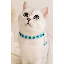 El Yapımı Boncuklu Kedi Boyun Aksesuarı Turkuaz Çiçekli Siyah Boncuk Detaylı Bağcıklı Kedi Tasması
