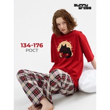 Sunnydress Official Oversize Pamuklu Pijama Pantolonlu Kedi Desenli 279638356 Bordo