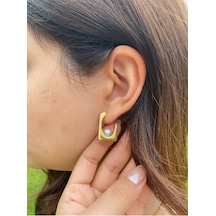 Çelik Gold Inci Detaylı Dikdörtgen Kadın Küpe Sevgiliye Hediye Gold