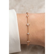 925 Ayar Gümüş Bileklik Rose Gold Kuzey Yıldızı Işıltılı Baget Taşlı Kadın Bileklik Barcode Pembe Altın