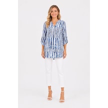 Neden Tekstil Kadın Mavi Beyaz Çizgili Relaxed Tunik Bluz