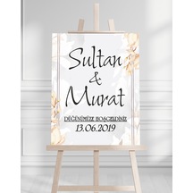 Söz Nişan Düğün İçin 50x70 Karşılama Panosu - Altın Desenli Beyaz