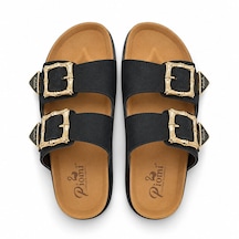 Koray Shoes Piomi Kadın Çift Tokalı Ortopedik Siyah Süet Anatomik Destekli Şık Terlik