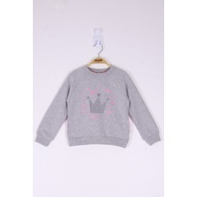 Toontoy Kız Çocuk Taç Baskılı Sweatshirt Gri Melanj