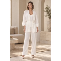 Loule Kadın Ekru Çizgili Kimonolu Pamuklu Pijama Takımı 3 Parça